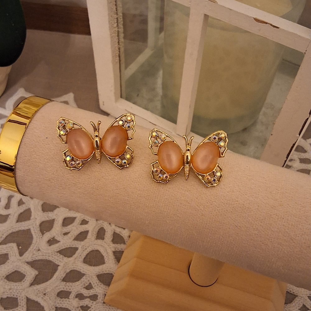 VTG Gold Pink Rhinestone Butterfly Brooches